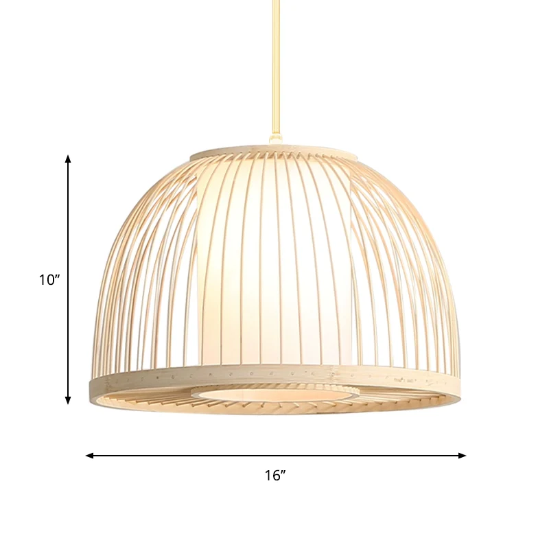 Koepel hanglamp modernisme bamboe 1 lamp 14"/16" brede houten plafondhanglamp met stoffen binnenkap Clearhalo