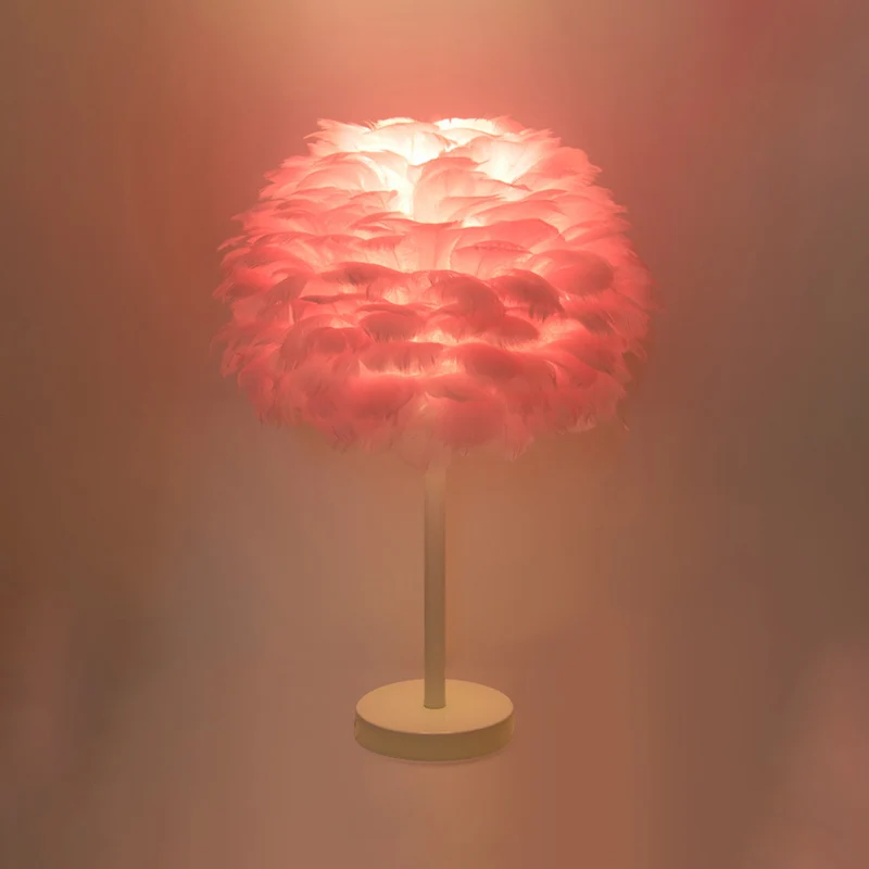 Koepelnachtlampje met ganzenveren, Scandinavisch, 1 lamp, grijs/wit/roze, tafellamp met statief/rechte standaard zwart/wit...