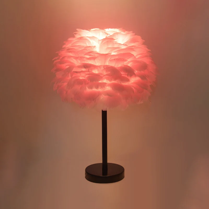 Koepelnachtlampje met ganzenveren, Scandinavisch, 1 lamp, grijs/wit/roze, tafellamp met statief/rechte standaard zwart/wit...