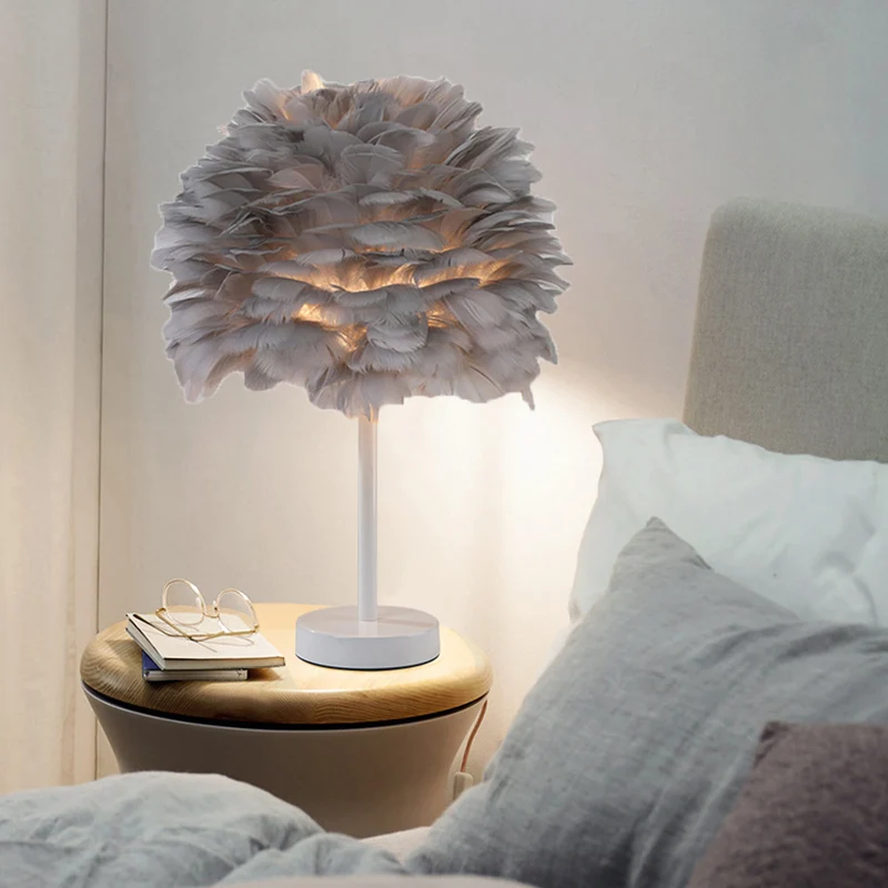 Koepelnachtlampje met ganzenveren, Scandinavisch, 1 lamp, grijs/wit/roze, tafellamp met statief/rechte standaard zwart/wit...