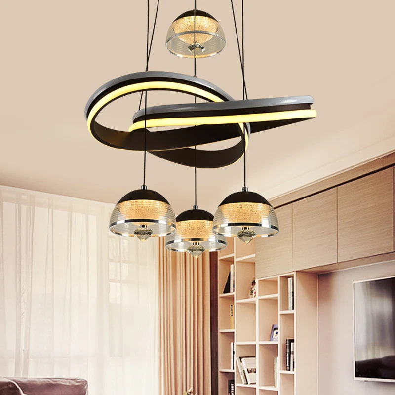 Koepelvormige eetkamer clusterhanger acryl 4-kops modernisme LED hangende plafondlamp zwart met stripstraal Clearhalo