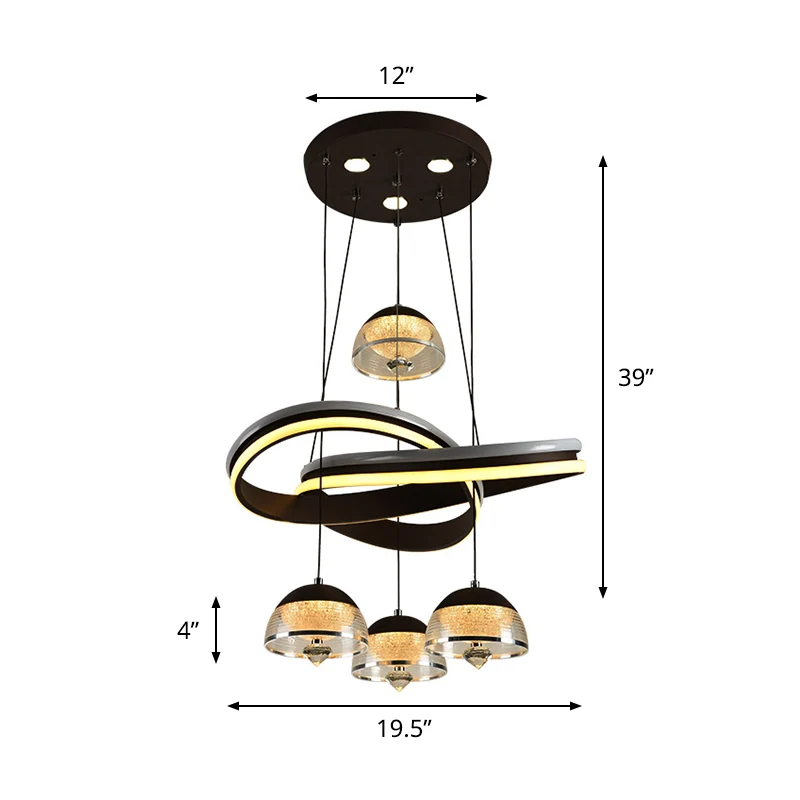 Koepelvormige eetkamer clusterhanger acryl 4-kops modernisme LED hangende plafondlamp zwart met stripstraal Clearhalo