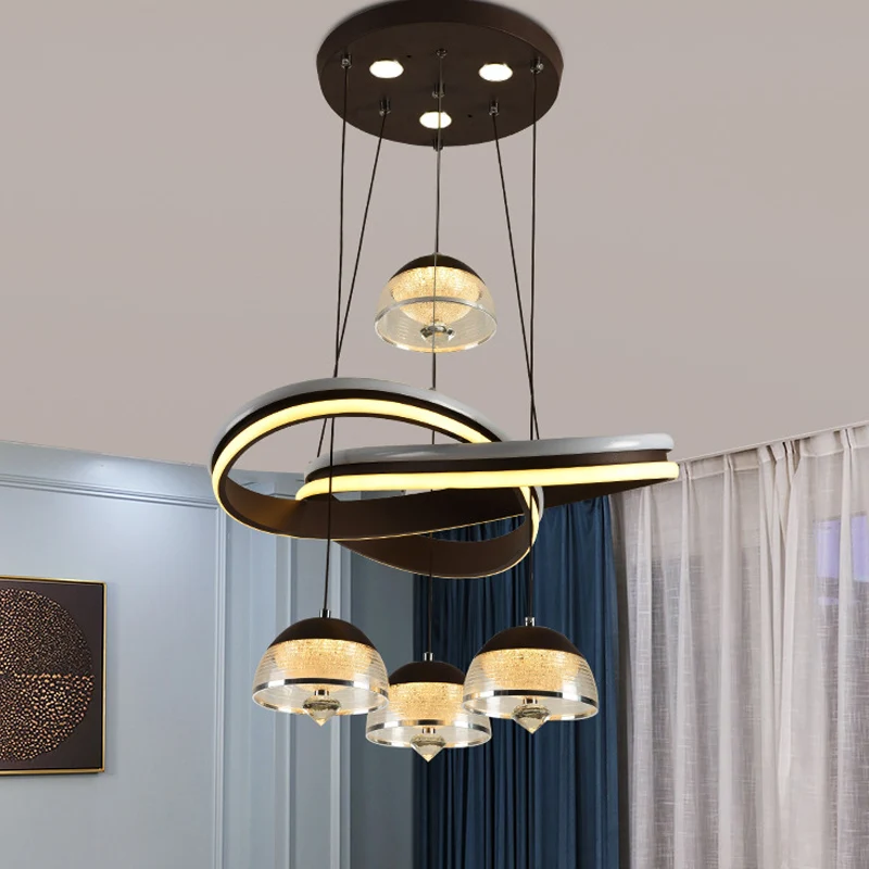 Koepelvormige eetkamer clusterhanger acryl 4-kops modernisme LED hangende plafondlamp zwart met stripstraal Clearhalo