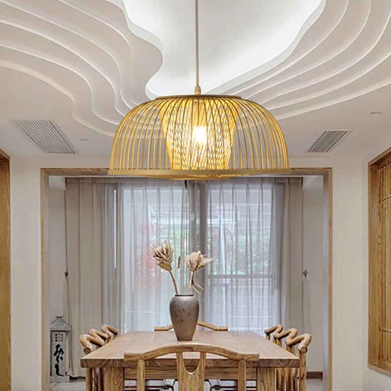 Koepelvormige eetkamer hanglamp bamboe 1-lichts moderne hanglampset beige Clearhalo