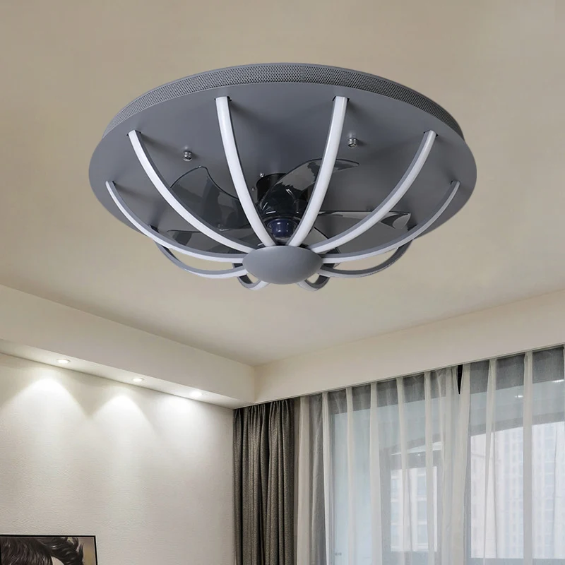 Koepelvormige kooi hangende ventilatorlamp Modernistisch metallic wit/grijs/goud LED-inbouwlamp met 4 bladen, 23,5" W Clea...