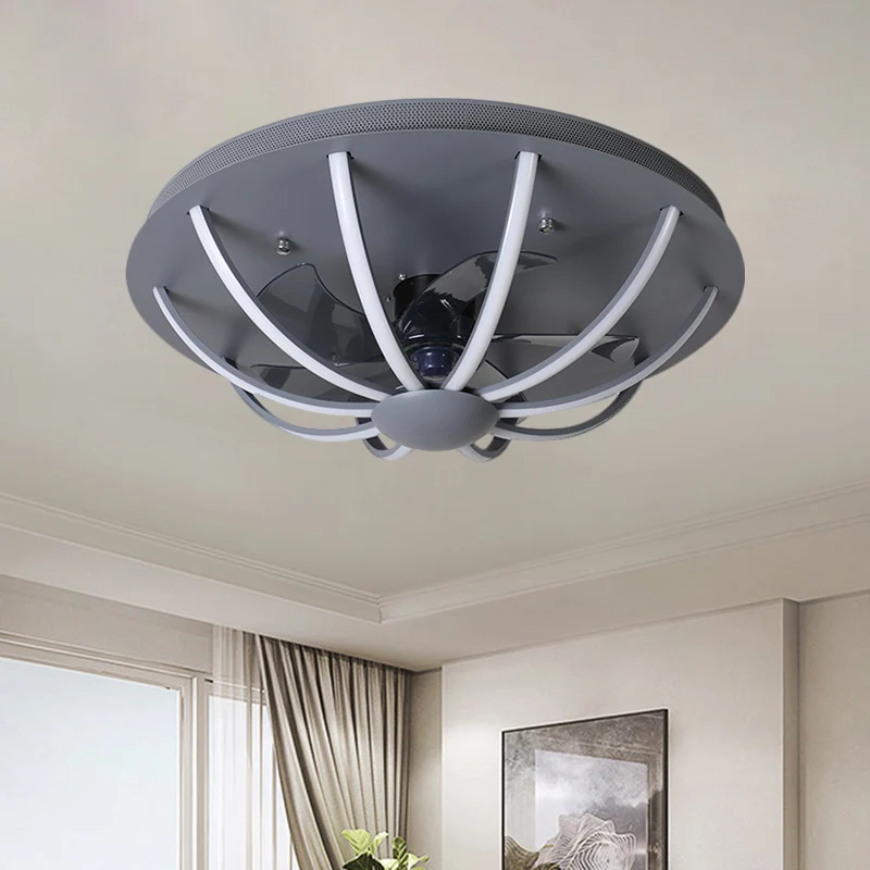 Koepelvormige kooi hangende ventilatorlamp Modernistisch metallic wit/grijs/goud LED-inbouwlamp met 4 bladen, 23,5" W Clea...
