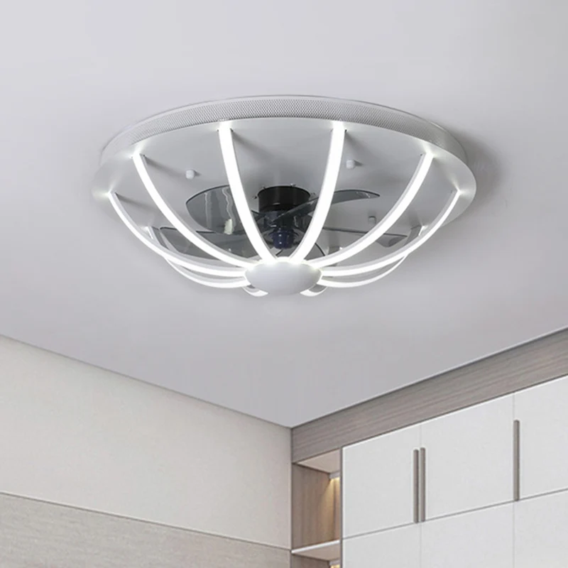 Koepelvormige kooi hangende ventilatorlamp Modernistisch metallic wit/grijs/goud LED-inbouwlamp met 4 bladen, 23,5" W Clea...