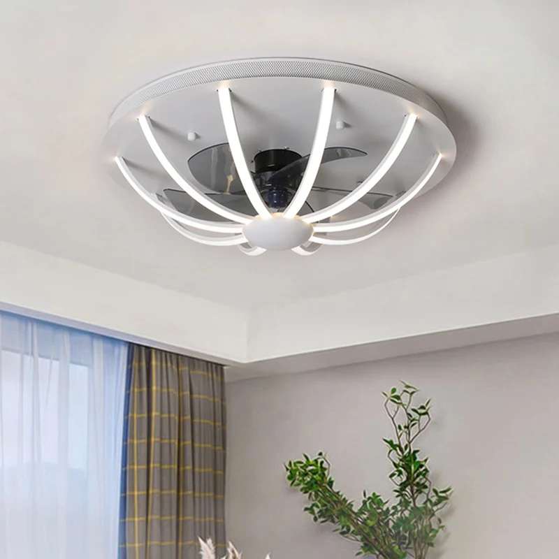 Koepelvormige kooi hangende ventilatorlamp Modernistisch metallic wit/grijs/goud LED-inbouwlamp met 4 bladen, 23,5" W Clea...