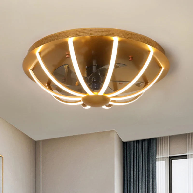 Koepelvormige kooi hangende ventilatorlamp Modernistisch metallic wit/grijs/goud LED-inbouwlamp met 4 bladen, 23,5" W Clea...