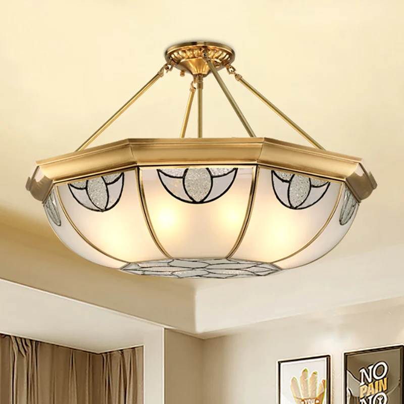 Koepelvormige matglas semi-gemonteerde verlichting Vintage 4 lampen woonkamer semi-inbouw licht goud, 16"/18" breed Clearhalo
