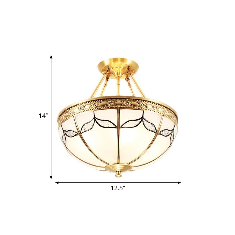 Koepelvormige opaalglas semi-gemonteerde verlichting Vintage 4-lichts slaapkamer semi-inbouw messing, 12,5"/16" breed Clea...