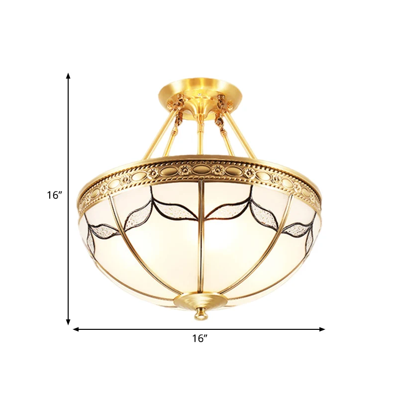 Koepelvormige opaalglas semi-gemonteerde verlichting Vintage 4-lichts slaapkamer semi-inbouw messing, 12,5"/16" breed Clea...
