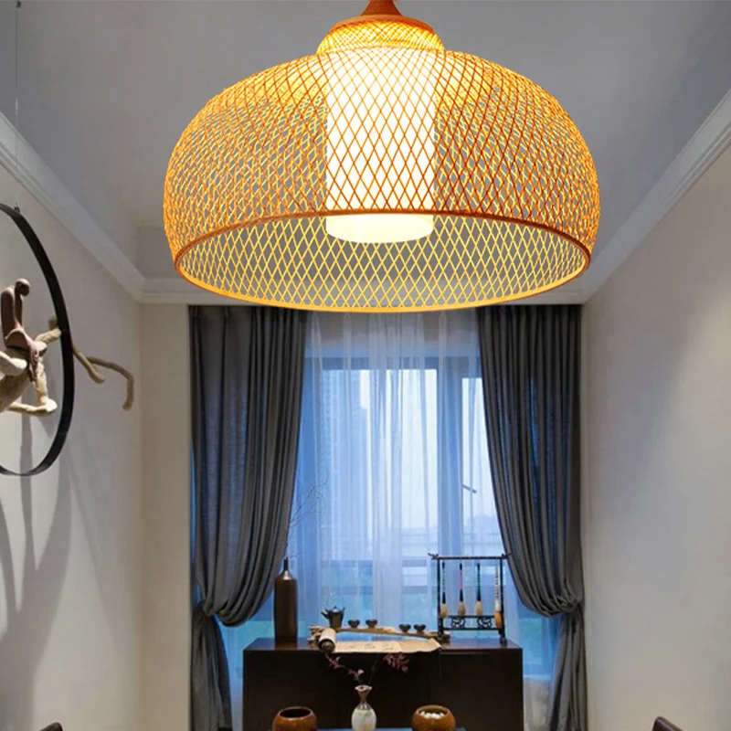 Koepelvormige, semi-inbouwlamp van Aziatisch bamboe, 1 lamp, houten plafondmontagearmatuur met witte cilinderkap Clearhalo