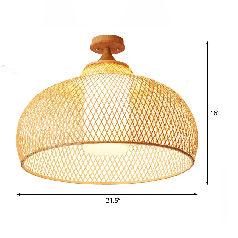 Koepelvormige, semi-inbouwlamp van Aziatisch bamboe, 1 lamp, houten plafondmontagearmatuur met witte cilinderkap Clearhalo