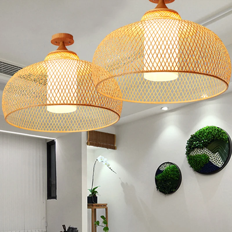 Koepelvormige, semi-inbouwlamp van Aziatisch bamboe, 1 lamp, houten plafondmontagearmatuur met witte cilinderkap Clearhalo
