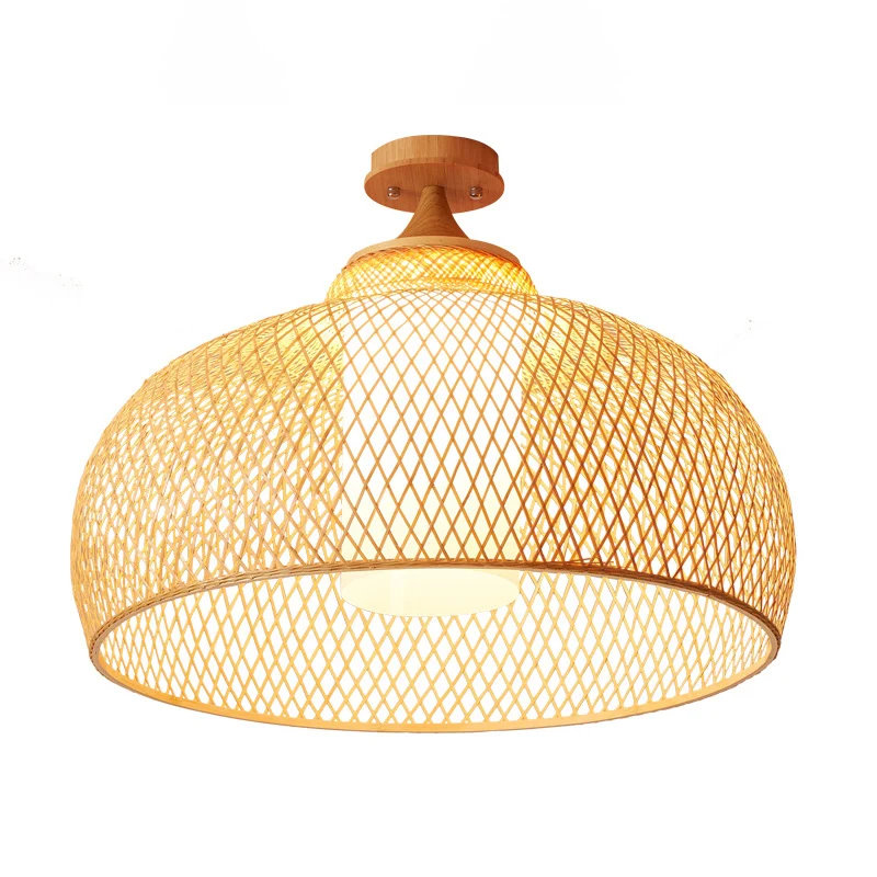 Koepelvormige, semi-inbouwlamp van Aziatisch bamboe, 1 lamp, houten plafondmontagearmatuur met witte cilinderkap Clearhalo
