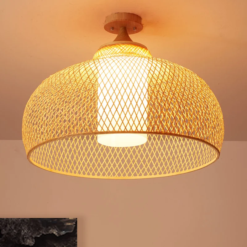 Koepelvormige, semi-inbouwlamp van Aziatisch bamboe, 1 lamp, houten plafondmontagearmatuur met witte cilinderkap Clearhalo
