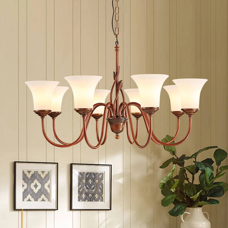 Koffie 8-lichts hangende kroonluchter Vintage melkachtig glas uitlopende plafondophanglamp voor woonkamer Clearhalo