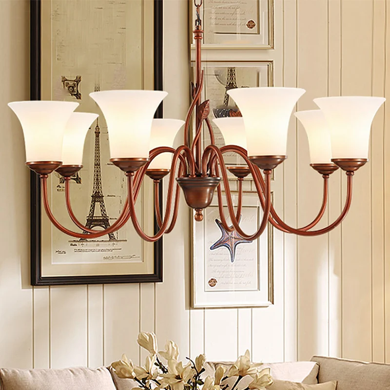 Koffie 8-lichts hangende kroonluchter Vintage melkachtig glas uitlopende plafondophanglamp voor woonkamer Clearhalo
