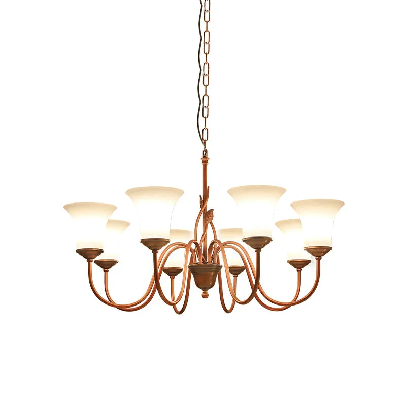 Koffie 8-lichts hangende kroonluchter Vintage melkachtig glas uitlopende plafondophanglamp voor woonkamer Clearhalo