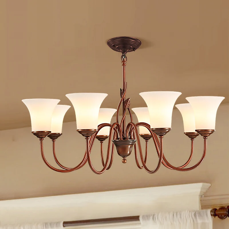 Koffie 8-lichts hangende kroonluchter Vintage melkachtig glas uitlopende plafondophanglamp voor woonkamer Clearhalo