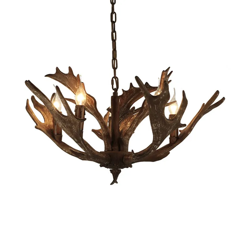 Koffie/ivoor 5-lichts kroonluchterverlichting Rustieke harskandelaar hanglamp met hertengewei Clearhalo