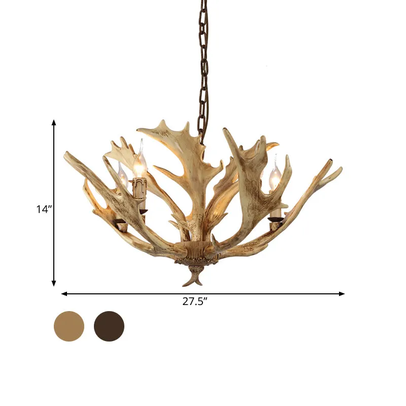 Koffie/ivoor 5-lichts kroonluchterverlichting Rustieke harskandelaar hanglamp met hertengewei Clearhalo