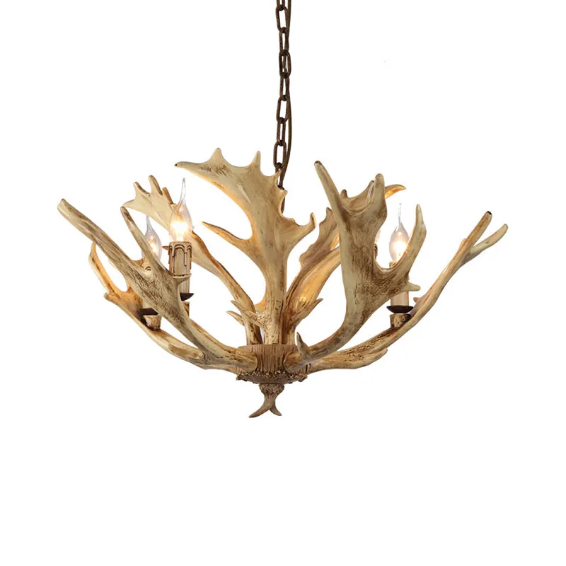Koffie/ivoor 5-lichts kroonluchterverlichting Rustieke harskandelaar hanglamp met hertengewei Clearhalo
