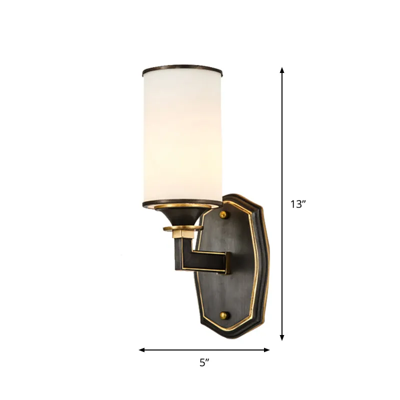 Kolom wandkandelaar van melkachtig glas Platteland 1/2-lichts gangwandverlichtingsarmatuur met haakse arm zwart en goud Cl...
