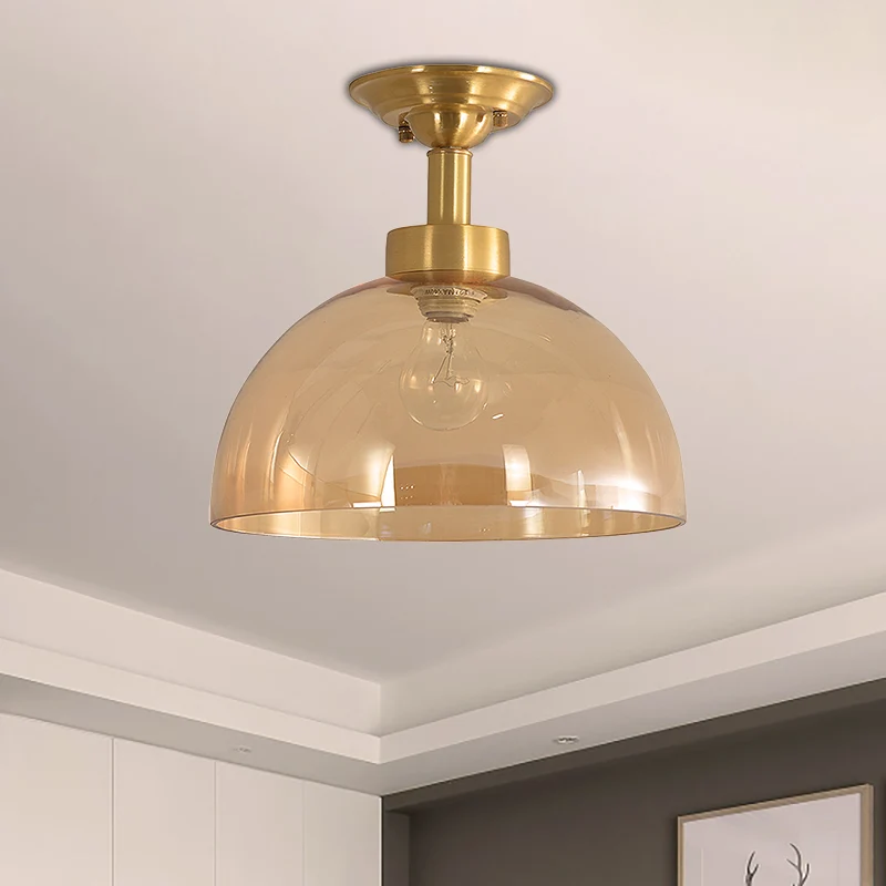 Koloniale koepelplafondlamp, 1 lamp, amberkleurig glas, semi-gemonteerde verlichting messing voor gang Clearhalo