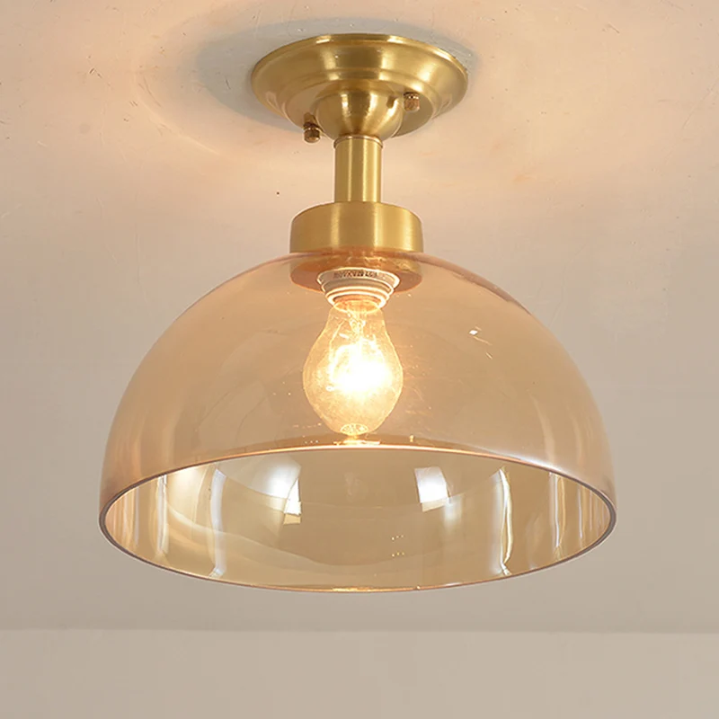 Koloniale koepelplafondlamp, 1 lamp, amberkleurig glas, semi-gemonteerde verlichting messing voor gang Clearhalo