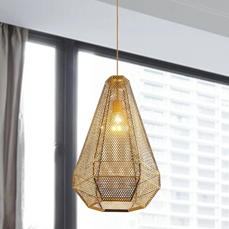 Koloniale uitgesneden diamanten hanglamp 1-lamp roestvrijstalen neerwaartse verlichtingshanger goud Clearhalo