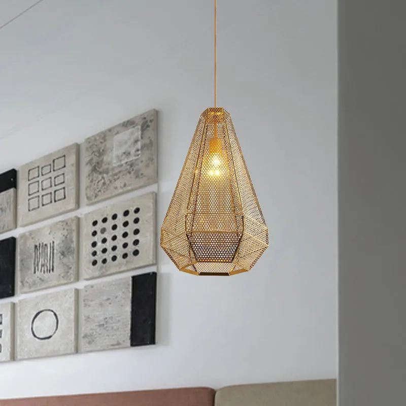 Koloniale uitgesneden diamanten hanglamp 1-lamp roestvrijstalen neerwaartse verlichtingshanger goud Clearhalo