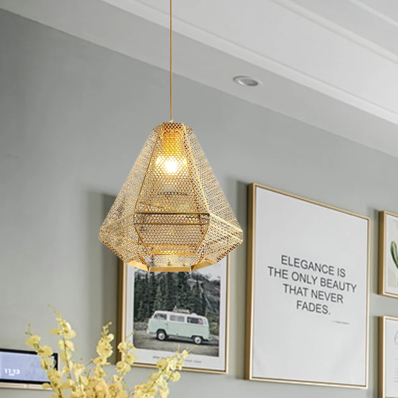 Koloniale uitgesneden diamanten hanglamp 1-lamp roestvrijstalen neerwaartse verlichtingshanger goud Clearhalo