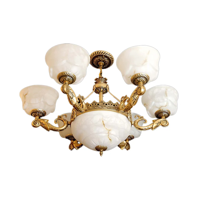 Kom Eetkamer Hanglamp Antiek wit glas 9-lichts messing kroonluchterlamp Clearhalo