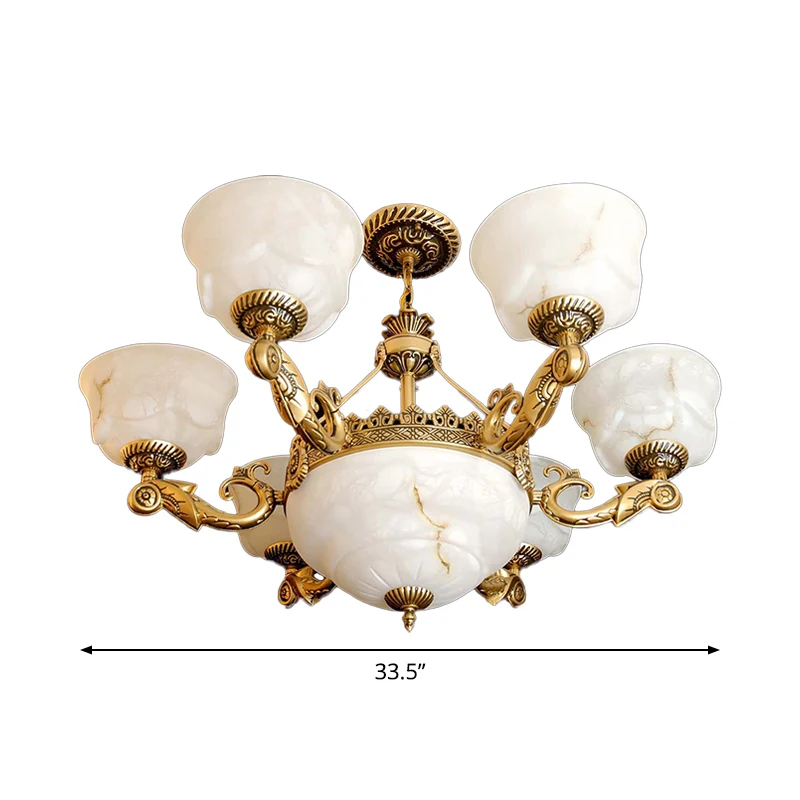 Kom Eetkamer Hanglamp Antiek wit glas 9-lichts messing kroonluchterlamp Clearhalo