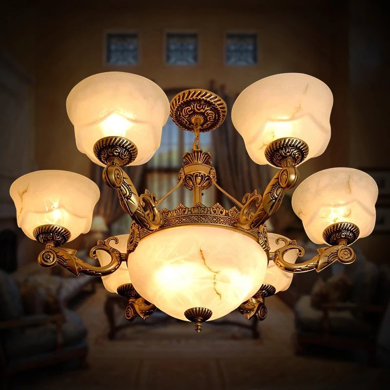 Kom Eetkamer Hanglamp Antiek wit glas 9-lichts messing kroonluchterlamp Clearhalo