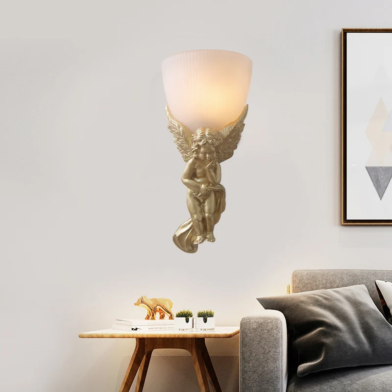 Kom matglazen wandlamp Vintage 1-lichts woonkamer met wit/gouden engel naar rechts/links Clearhalo