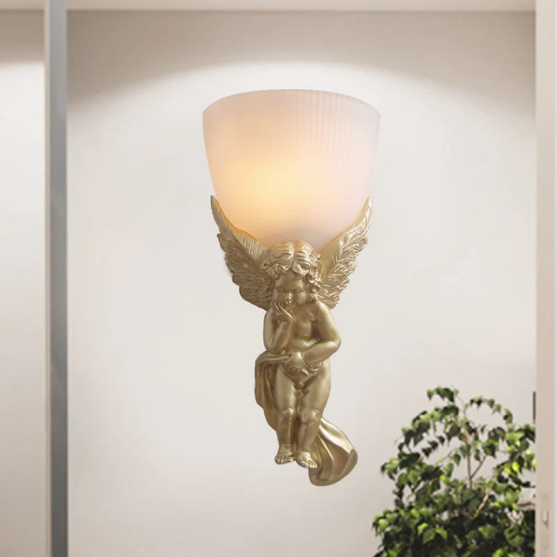 Kom matglazen wandlamp Vintage 1-lichts woonkamer met wit/gouden engel naar rechts/links Clearhalo