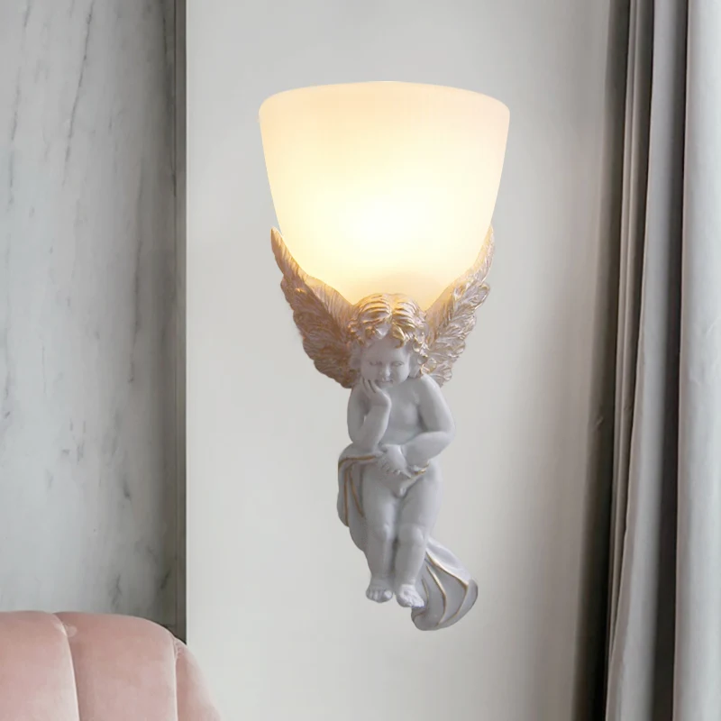 Kom matglazen wandlamp Vintage 1-lichts woonkamer met wit/gouden engel naar rechts/links Clearhalo
