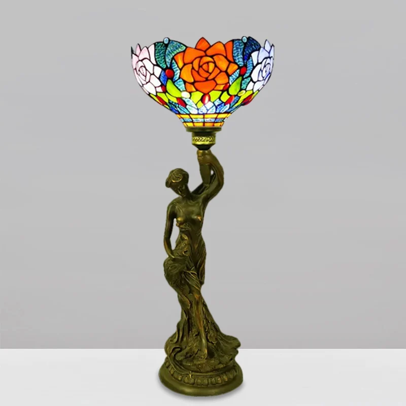 Komtafelverlichting 1 hoofd gebrandschilderd glas barok bloemblaadje / libelle-patroon nachtlamp messing met hars naakte v...