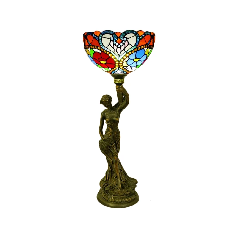 Komtafelverlichting 1 hoofd gebrandschilderd glas barok bloemblaadje / libelle-patroon nachtlamp messing met hars naakte v...