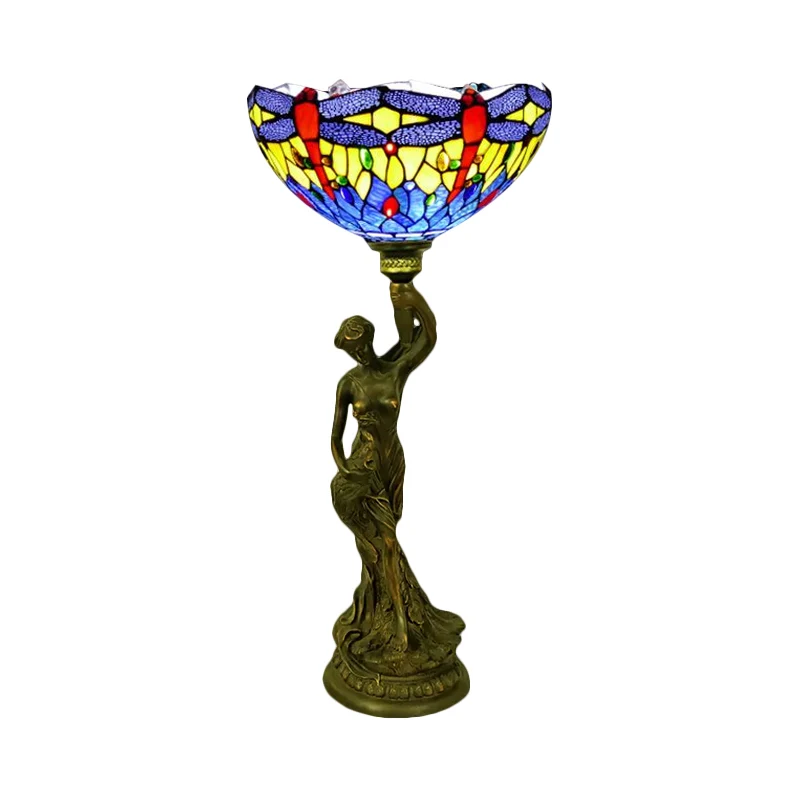 Komtafelverlichting 1 hoofd gebrandschilderd glas barok bloemblaadje / libelle-patroon nachtlamp messing met hars naakte v...