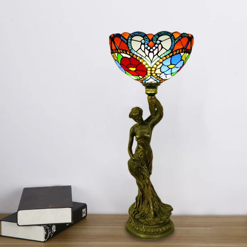 Komtafelverlichting 1 hoofd gebrandschilderd glas barok bloemblaadje / libelle-patroon nachtlamp messing met hars naakte v...