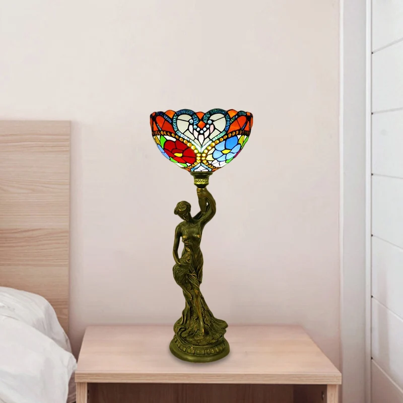 Komtafelverlichting 1 hoofd gebrandschilderd glas barok bloemblaadje / libelle-patroon nachtlamp messing met hars naakte v...