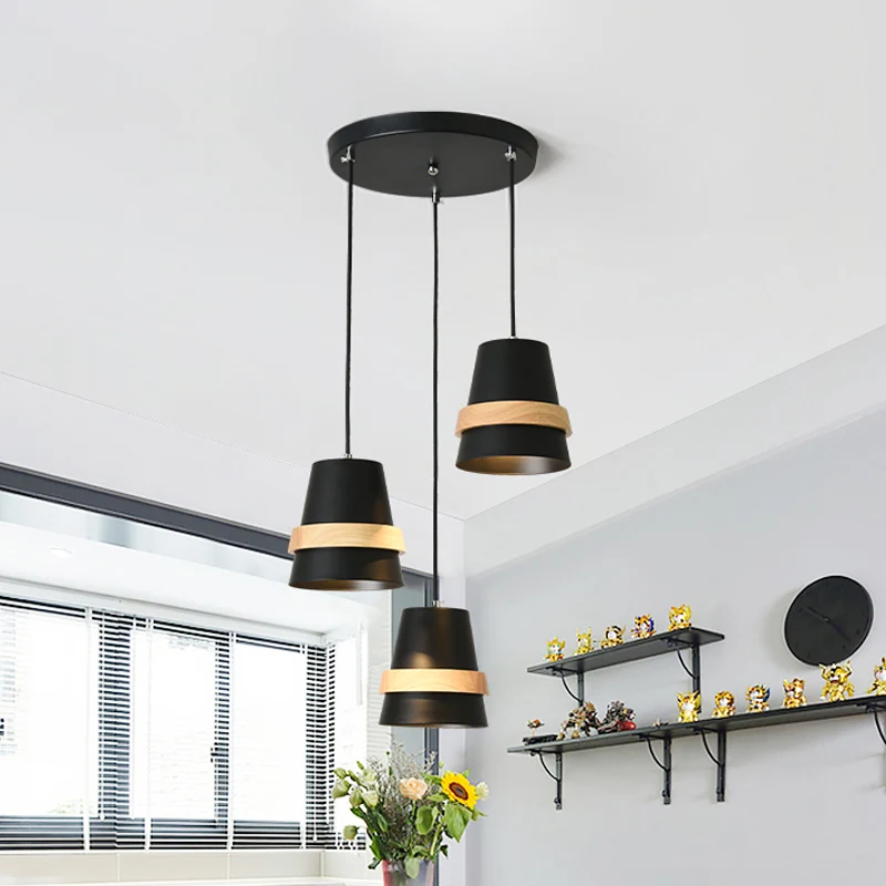 Komvormige eetkamer multi-hangende metalen 3-kops modernistische hanglamp wit/zwart en hout Clearhalo