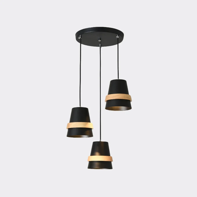Komvormige eetkamer multi-hangende metalen 3-kops modernistische hanglamp wit/zwart en hout Clearhalo