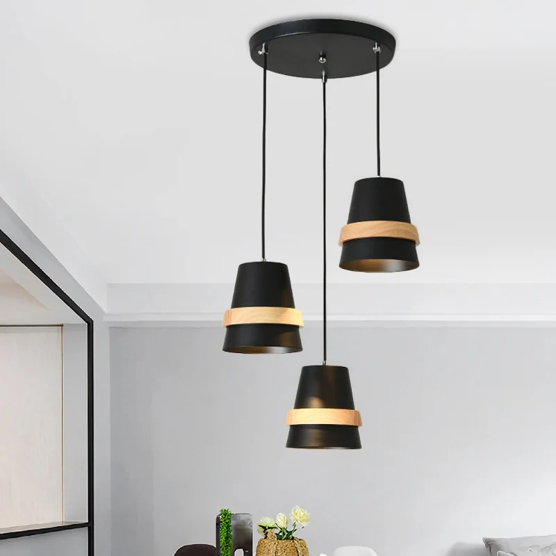 Komvormige eetkamer multi-hangende metalen 3-kops modernistische hanglamp wit/zwart en hout Clearhalo