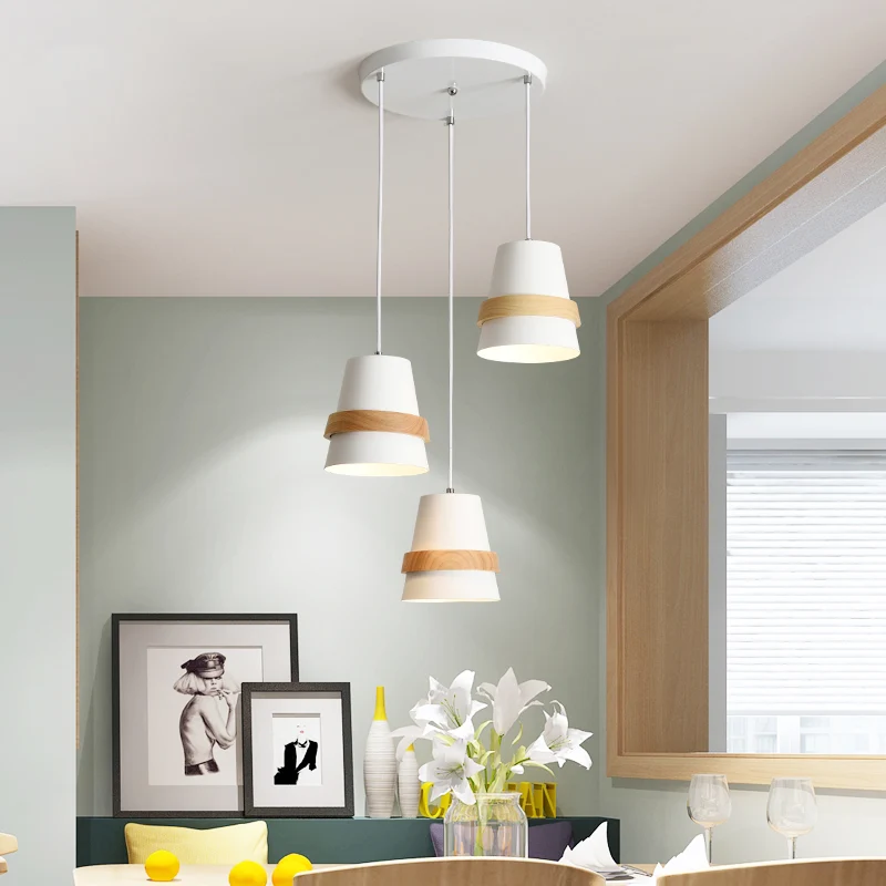 Komvormige eetkamer multi-hangende metalen 3-kops modernistische hanglamp wit/zwart en hout Clearhalo