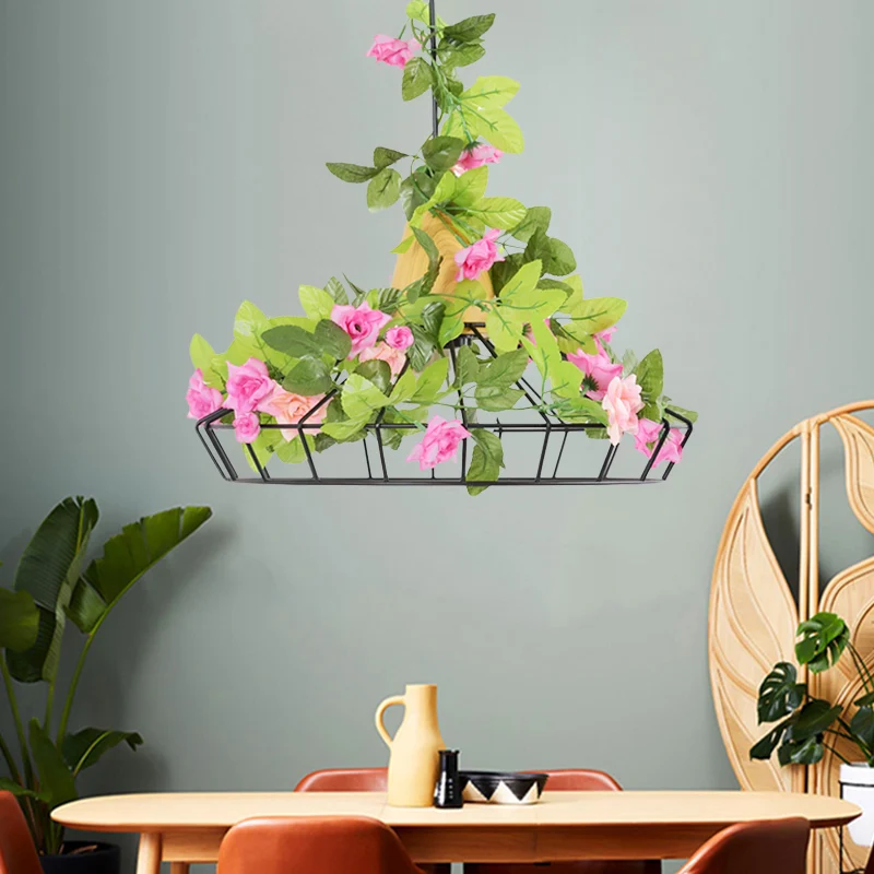 1 kop diamanten kooi hanger industriële zwarte ijzeren plant hangende lamp met houten blad Clearhalo